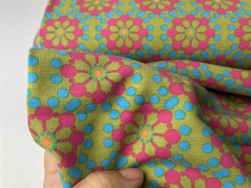 Bomuldsjersey - retro blomster på olivengrøn bund